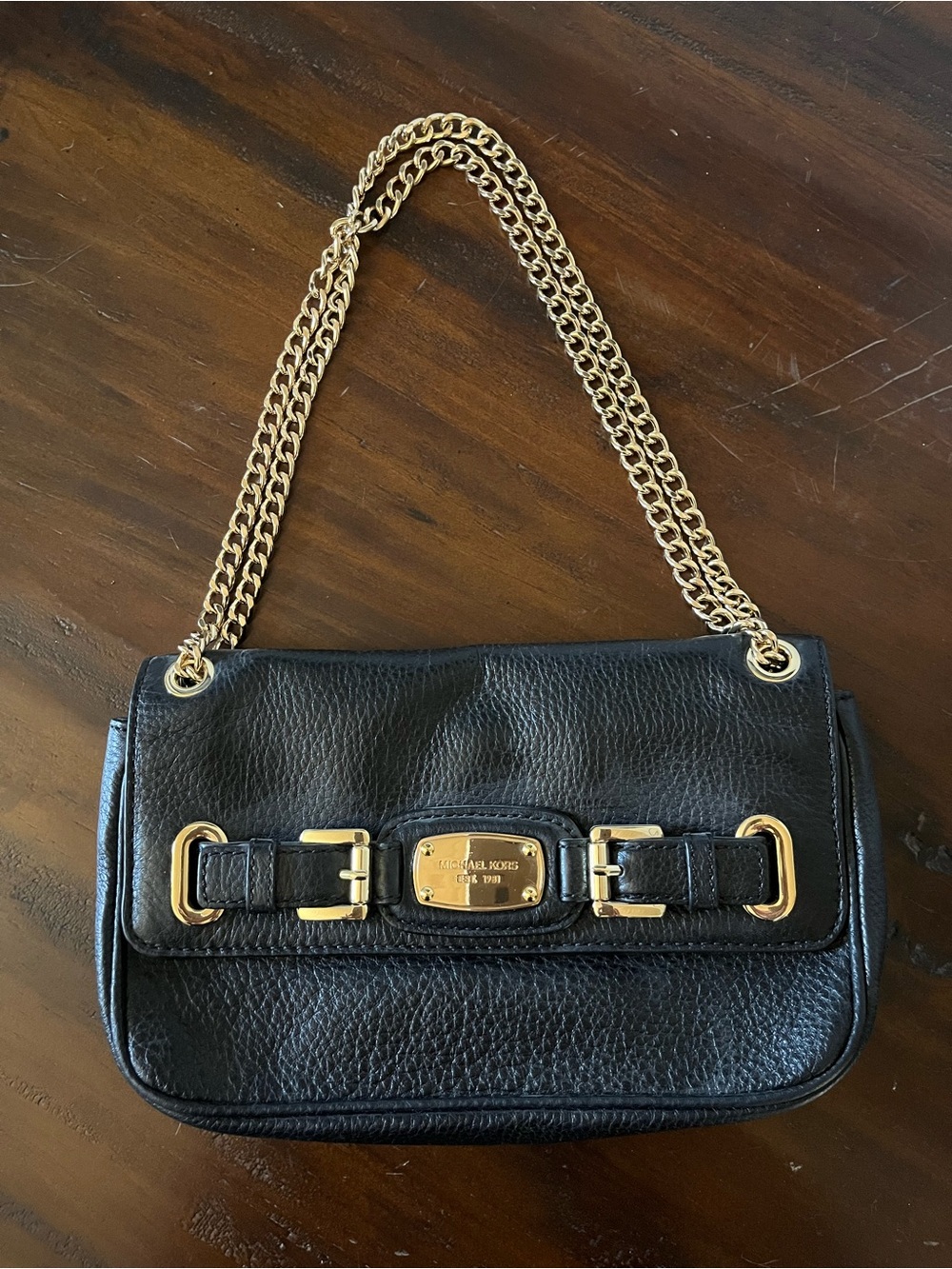 Michael Kors Black Pebbled Leather Shoulder Bag with Gold Hardware
